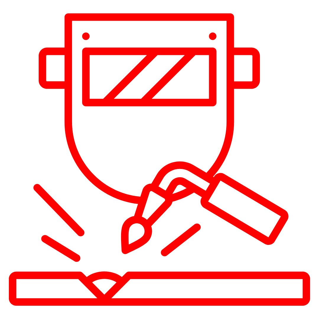 Red icon featuring a welding mask, torch, and spark on a transparent background, representing custom metalwork and fabrication.