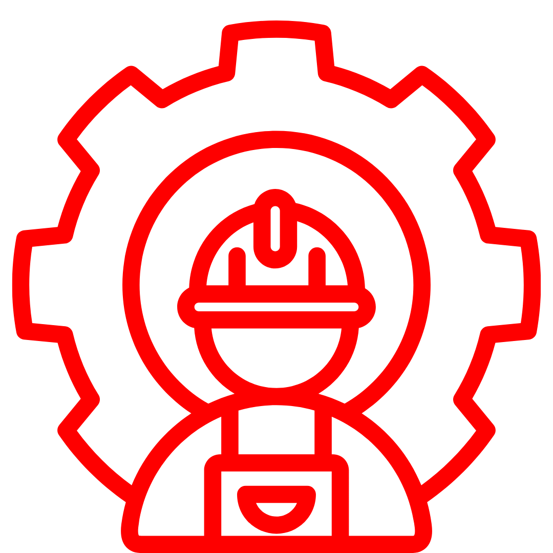 Red icon of a worker in a hard hat backed by a gear cog on a transparent background, representing civil engineering services.