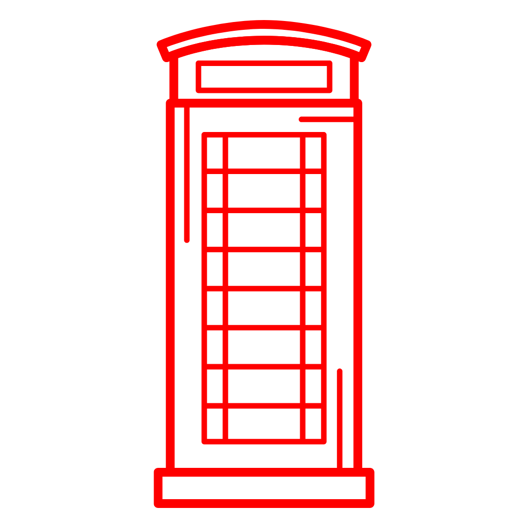 Red icon of a classic British telephone box on a transparent background, representing heritage restoration services.
