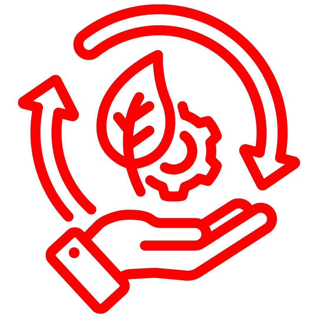 Red icon depicting a hand holding a leaf alongside a gear cog surrounded by circular arrows on a transparent background, representing sustainable infrastructure.
